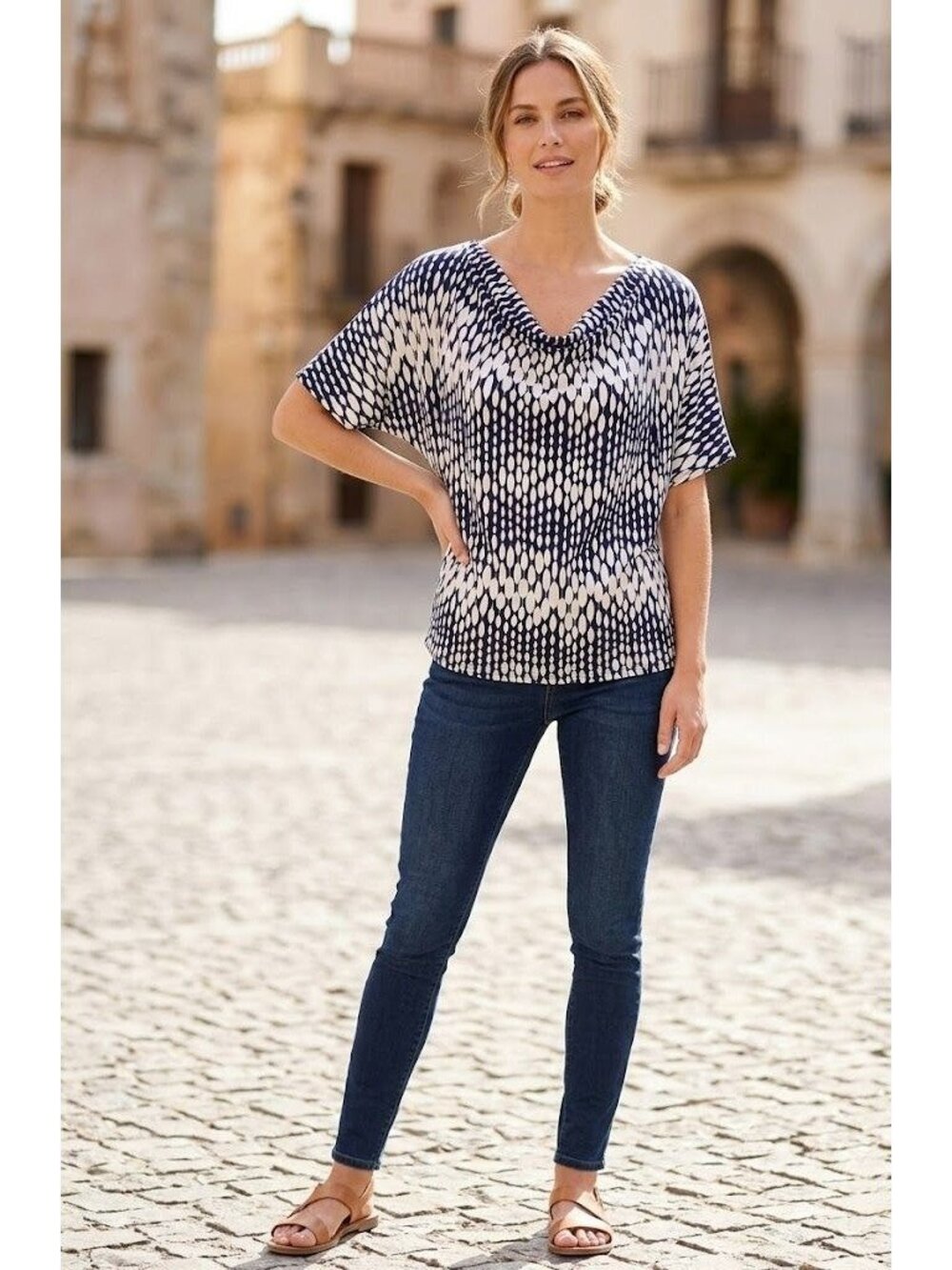 Shannon Ford Womens Navy & White Abstract Dot Short Sleeve Cowl Neck Top Size M